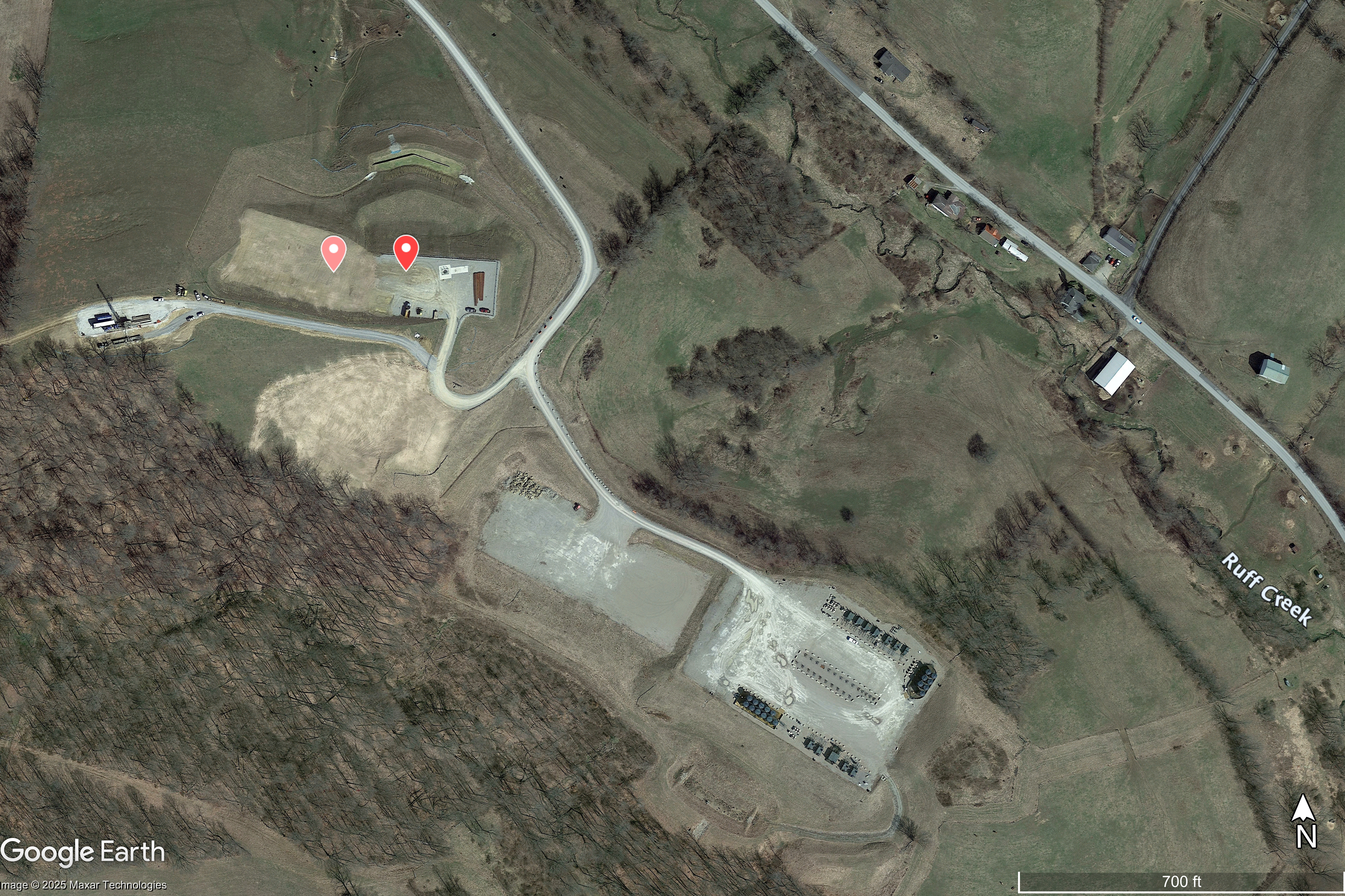 Satellite imagery of the EQT Big Sky natural gas pad and the Enlow Fork H1 Bleeder Shaft and H1-1 Degas Borehole. Only the well pad was labeled on Google Maps, and the plume actually originated from the bleeder shaft and borehole that neighbored it. Satellite imagery of the EQT Big Sky natural gas pad and the Enlow Fork H1 Bleeder Shaft and H1-1 Degas Borehole. Only the well pad was labeled on Google Maps, and the plume actually originated from the bleeder shaft and borehole that neighbored it.